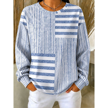 Striped Crew Neck Sweatshirt with Relaxed Fit and Ribbed Trim