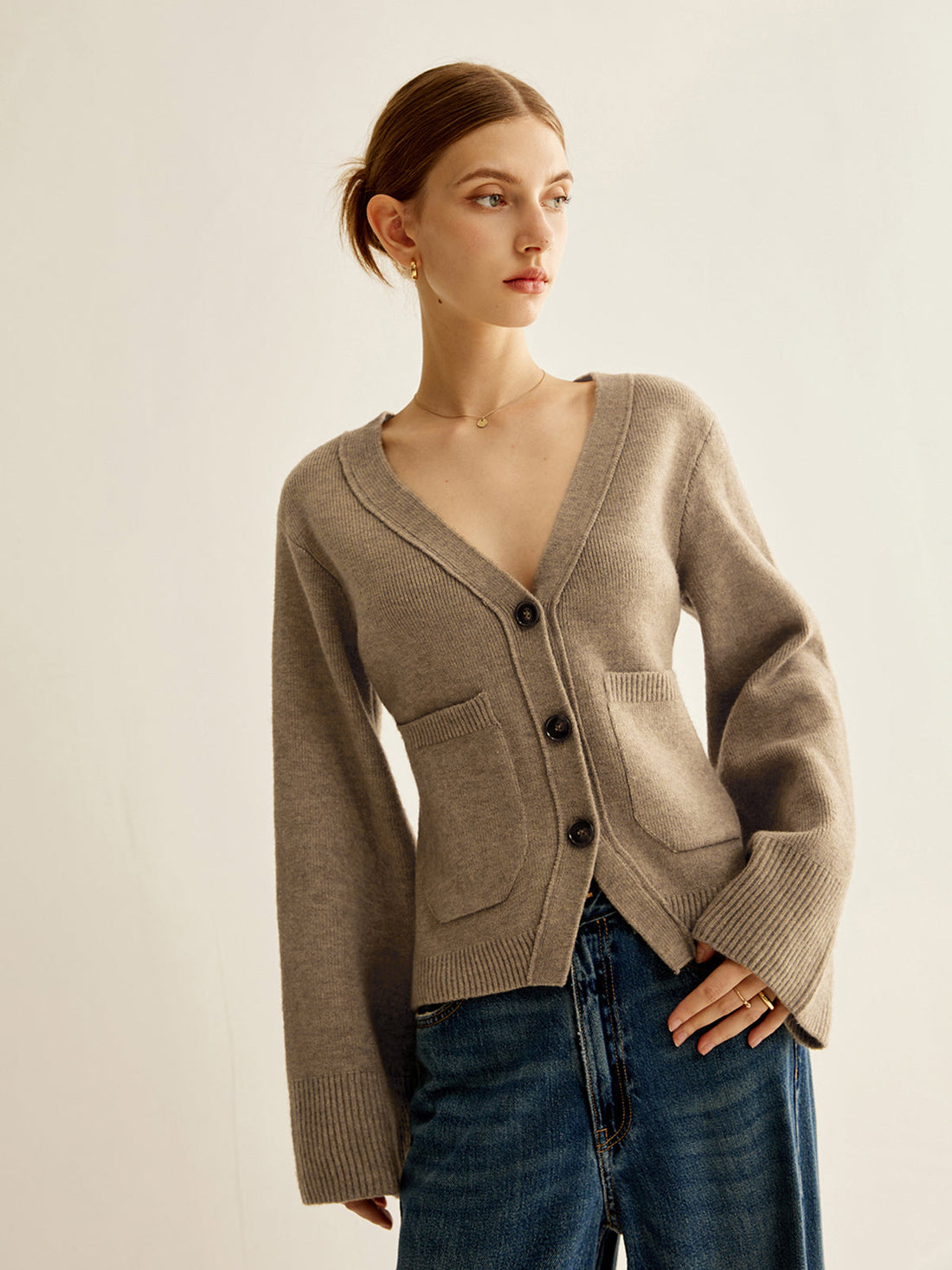 Button Front Knit Cardigan with Moderate Stretch and Hip Length Fit