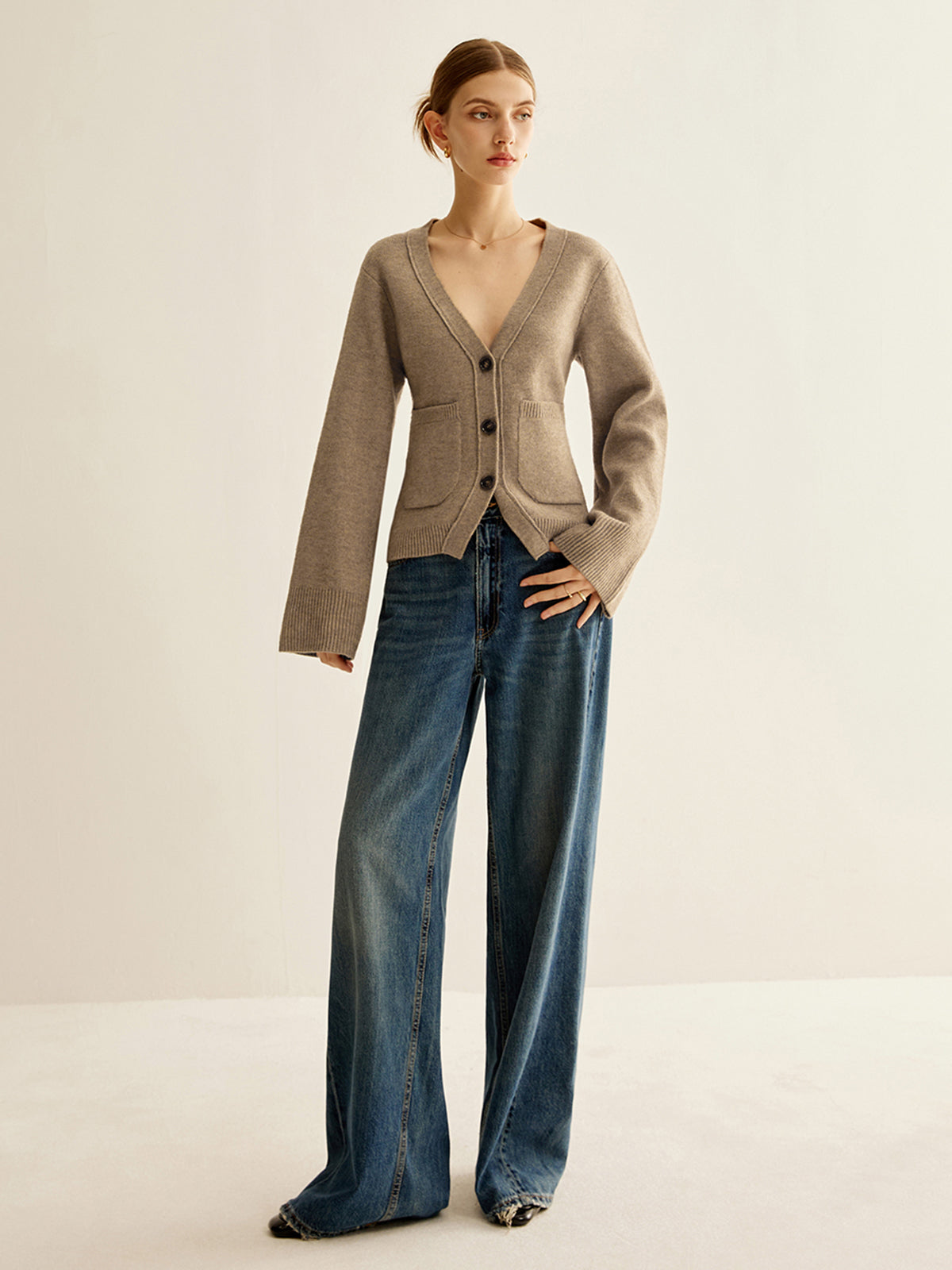Button Front Knit Cardigan with Moderate Stretch and Hip Length Fit