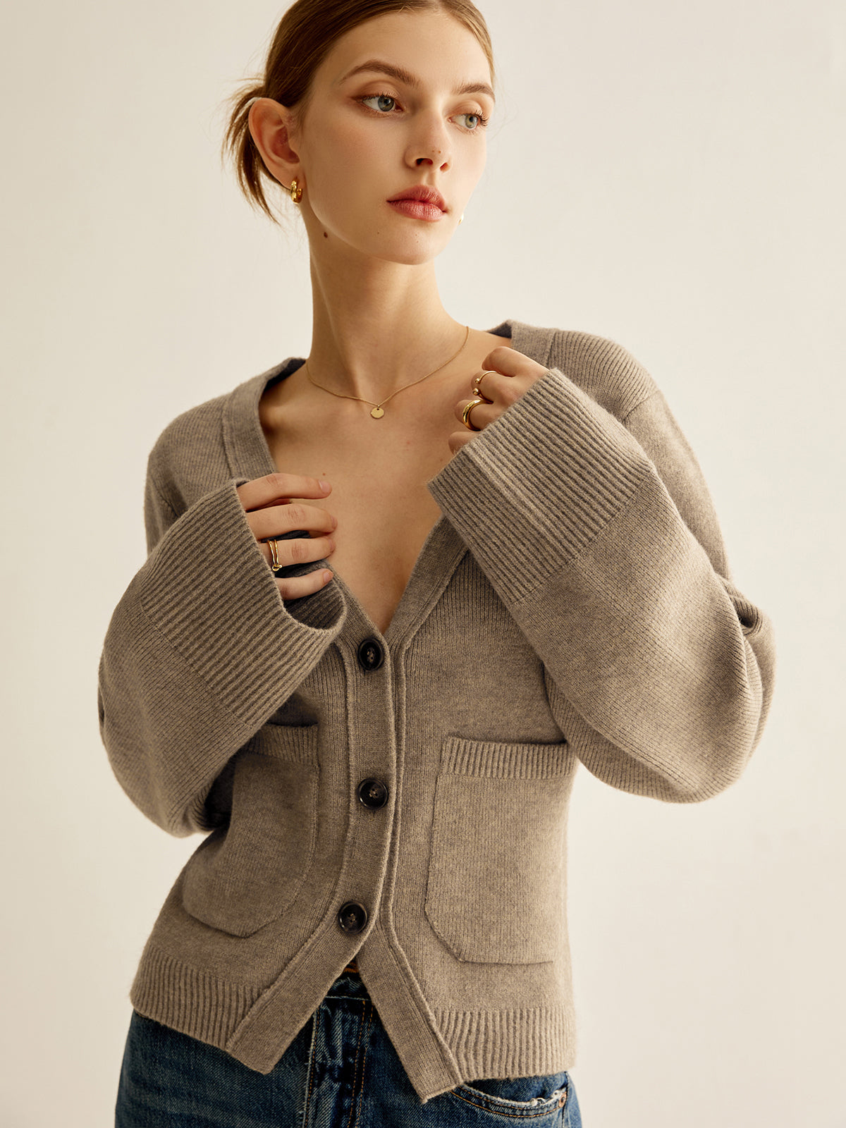 Button Front Knit Cardigan with Moderate Stretch and Hip Length Fit