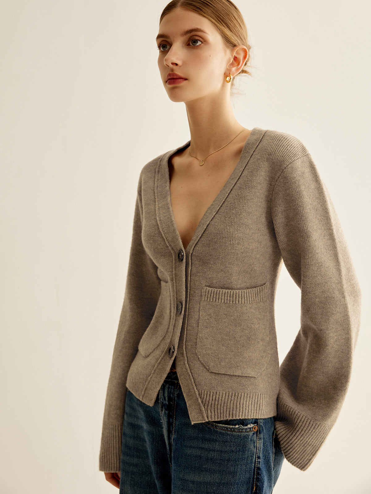 Button Front Knit Cardigan with Moderate Stretch and Hip Length Fit
