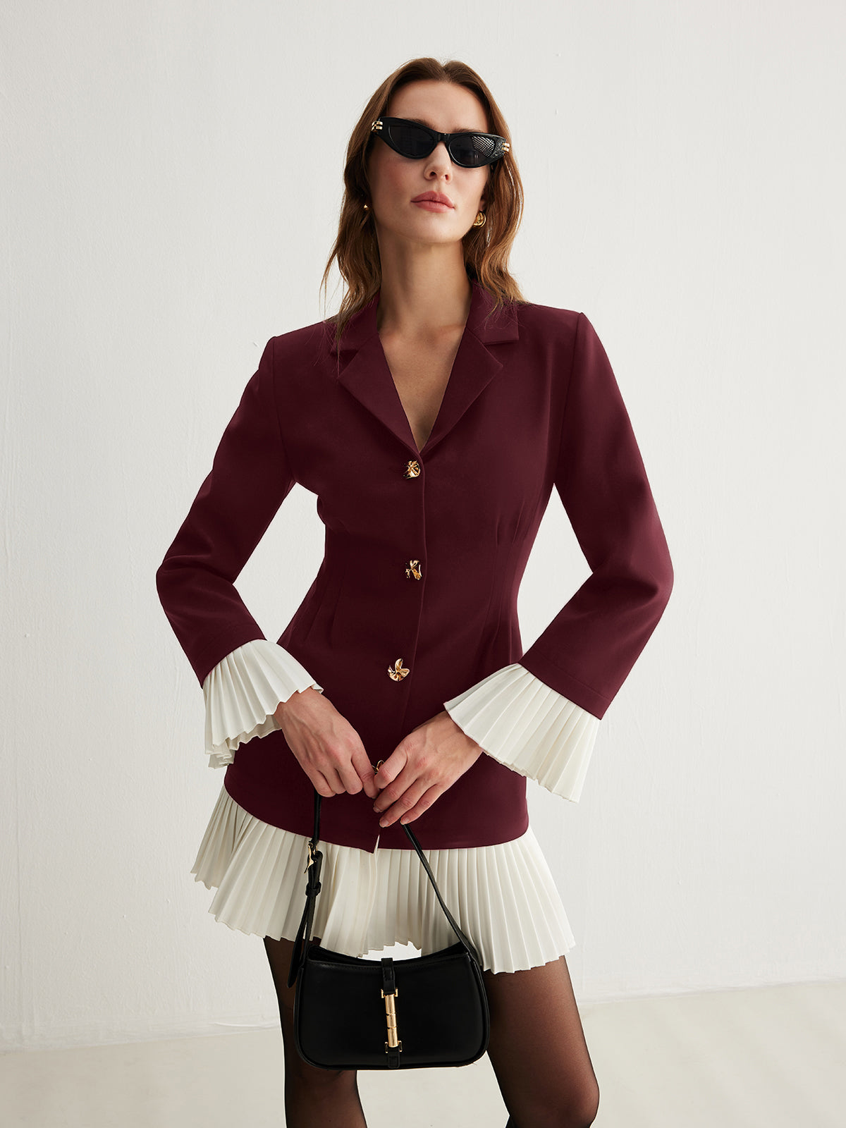 Button Front Mini Dress with Notched Lapel and Pleated Contrast Details