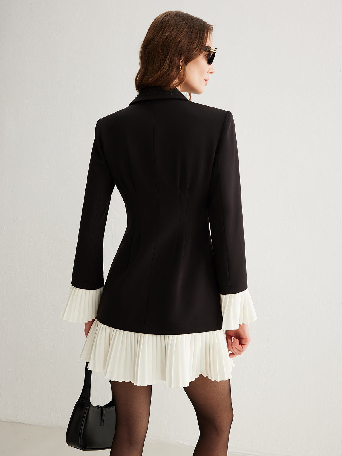 Button Front Mini Dress with Notched Lapel and Pleated Contrast Details