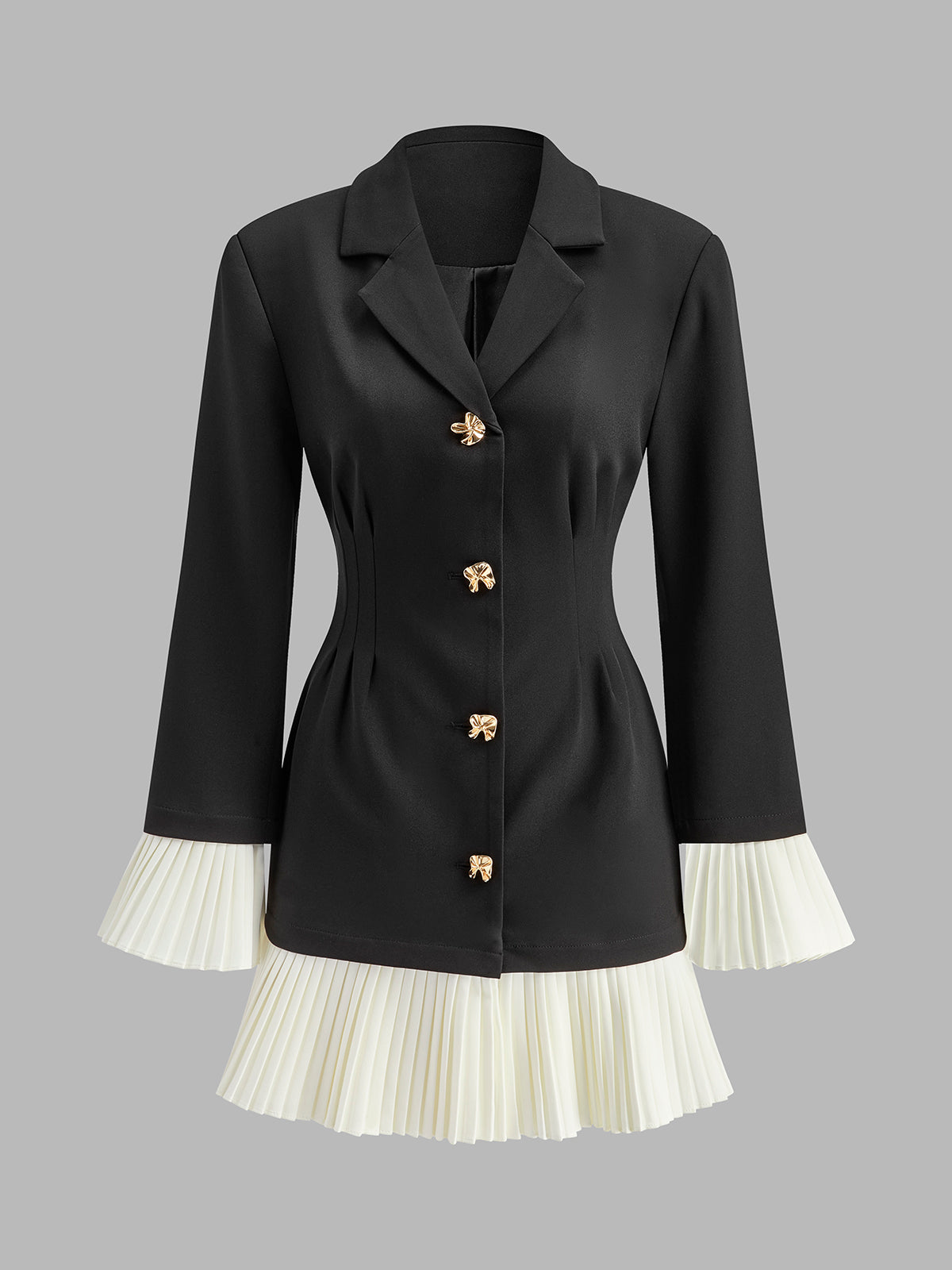 Button Front Mini Dress with Notched Lapel and Pleated Contrast Details