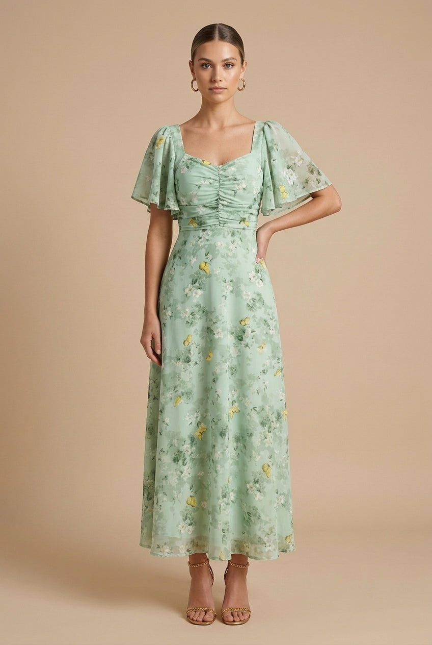 Women's Floral Maxi Dress with Square Neck - Flutter Sleeves and Ruched Bodice
