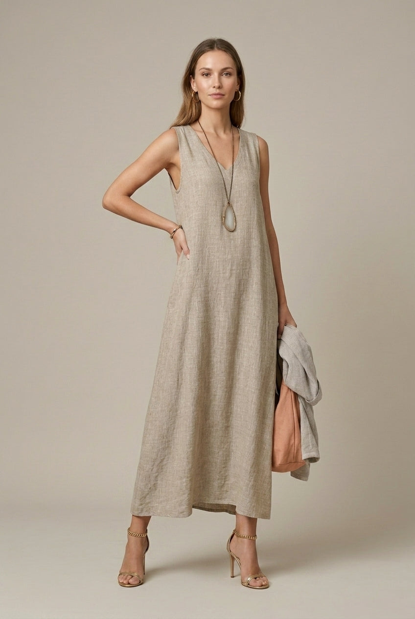 Women's Linen Midi Dress V-Neck