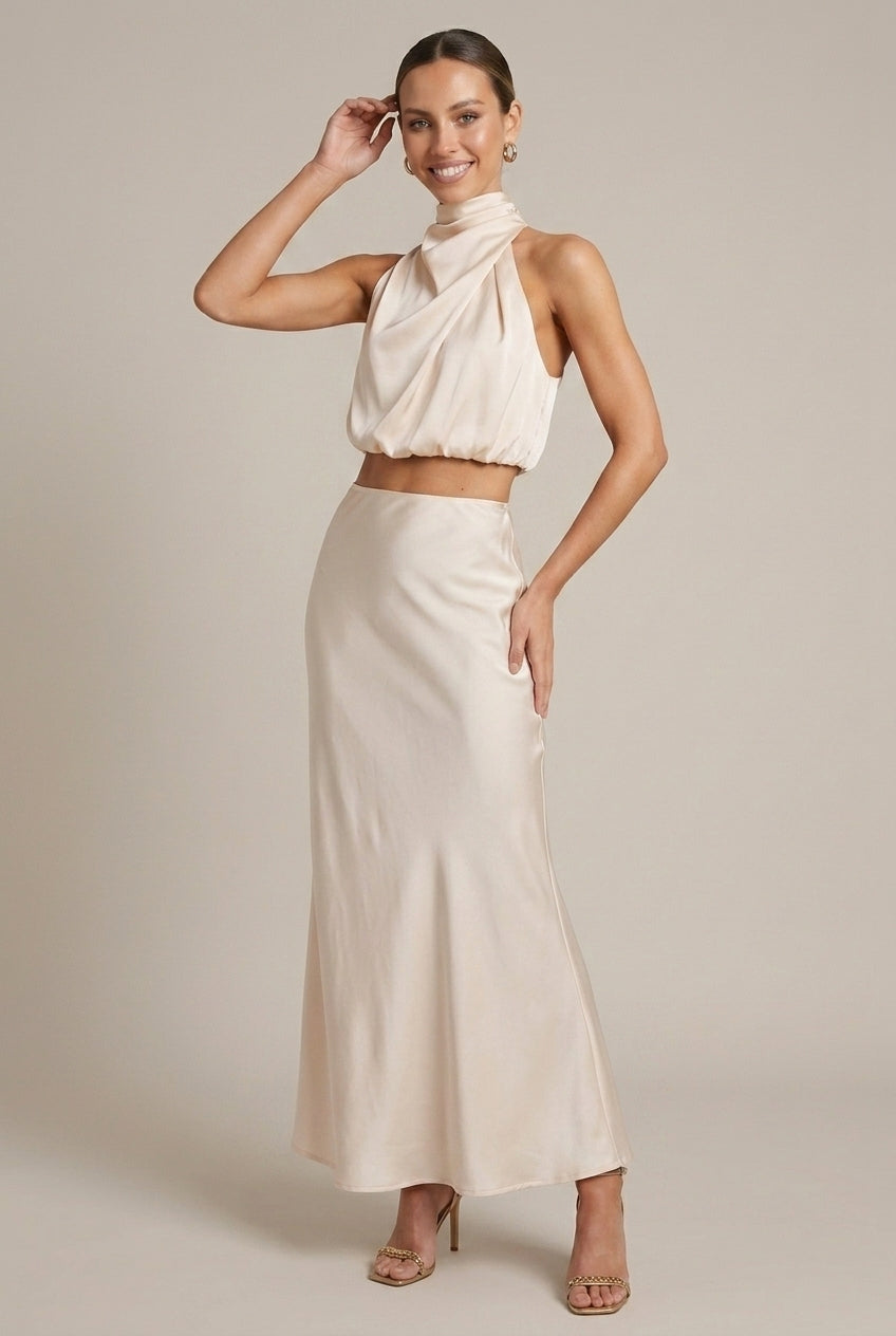 Women's Satin Two-Piece Set Halter Neck Crop Top Maxi