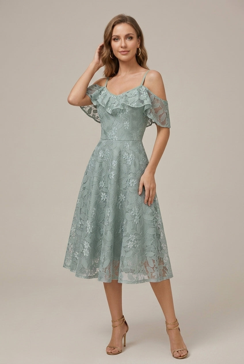 Women's Embroidered Lace Camisole Spaghetti Strap Dress - V - Neck
