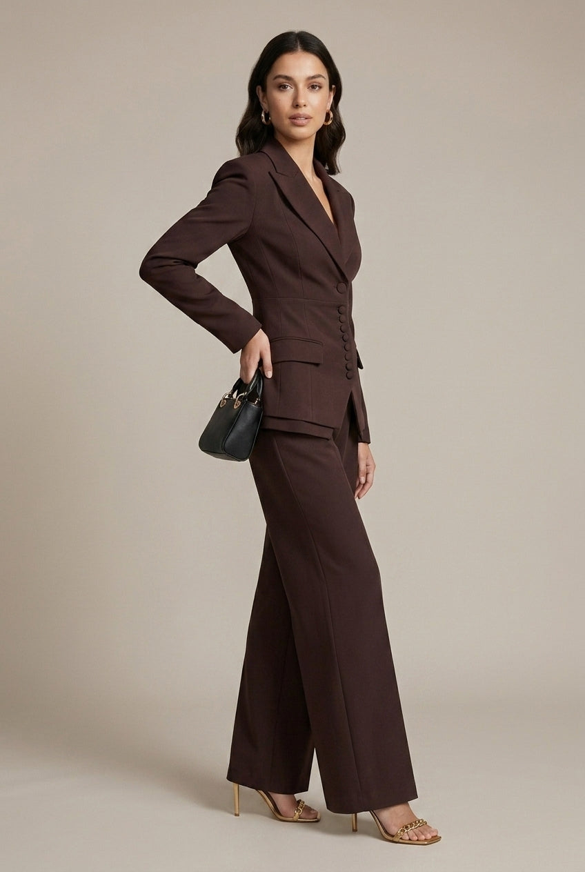 Women's Notched Lapel Blazer Wide Leg Pant Suits Set - Side Button