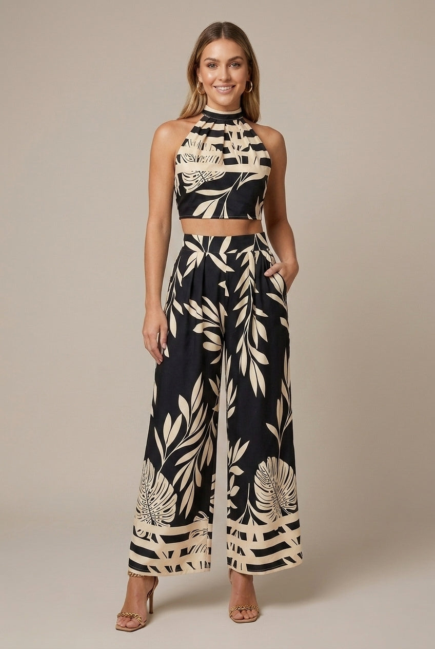 Women's Halter Top Wide Leg Pants Two Piece Tropical Print Set