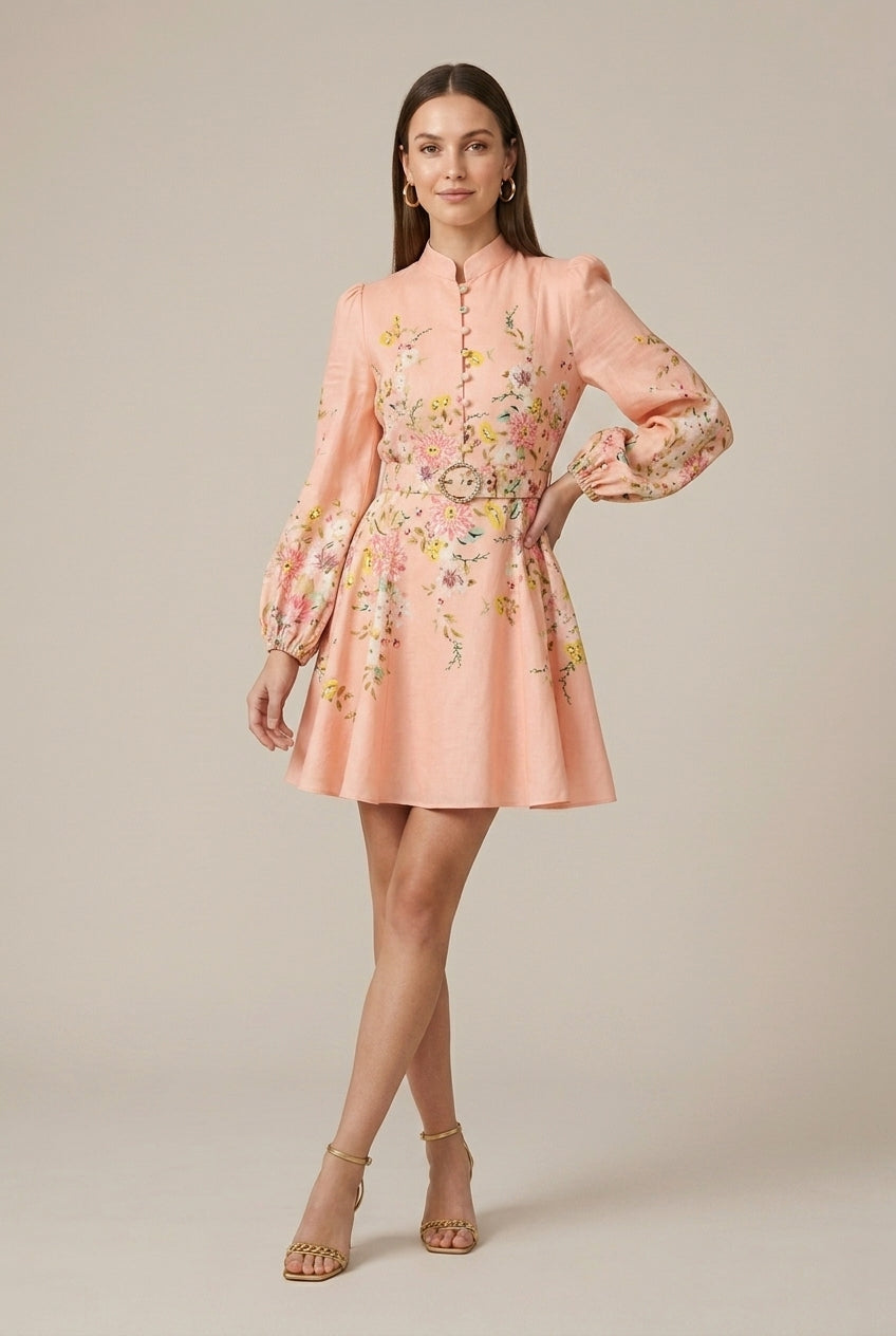 Women's Floral Print Long Puff Sleeve Smocked Mini Dress