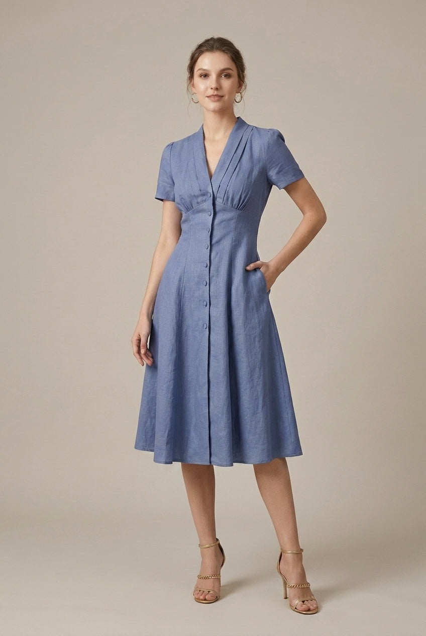 Women's Linen Midi Dress Button Front Short Sleeve