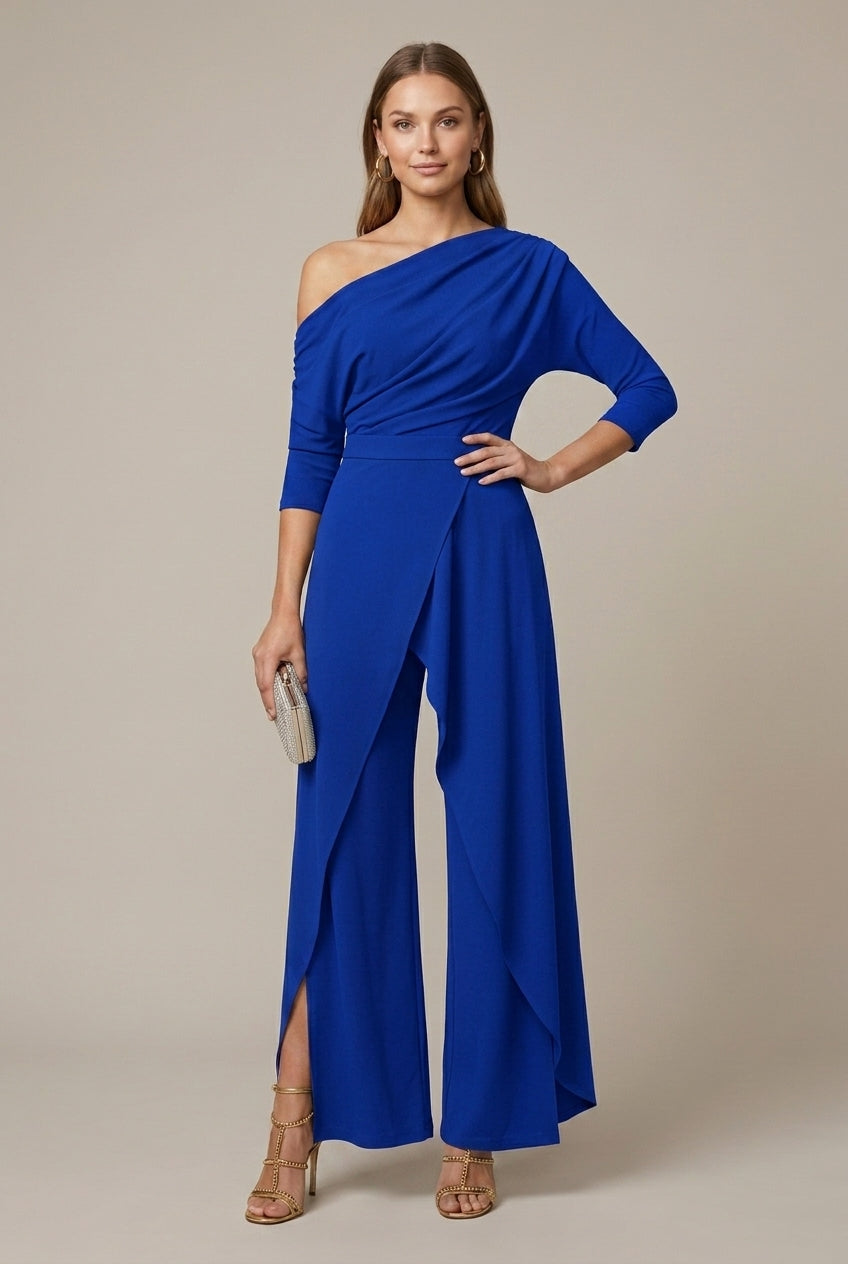 Women's One Shoulder Draped Wide Leg Dressy Jumpsuit - 3/4 Sleeve