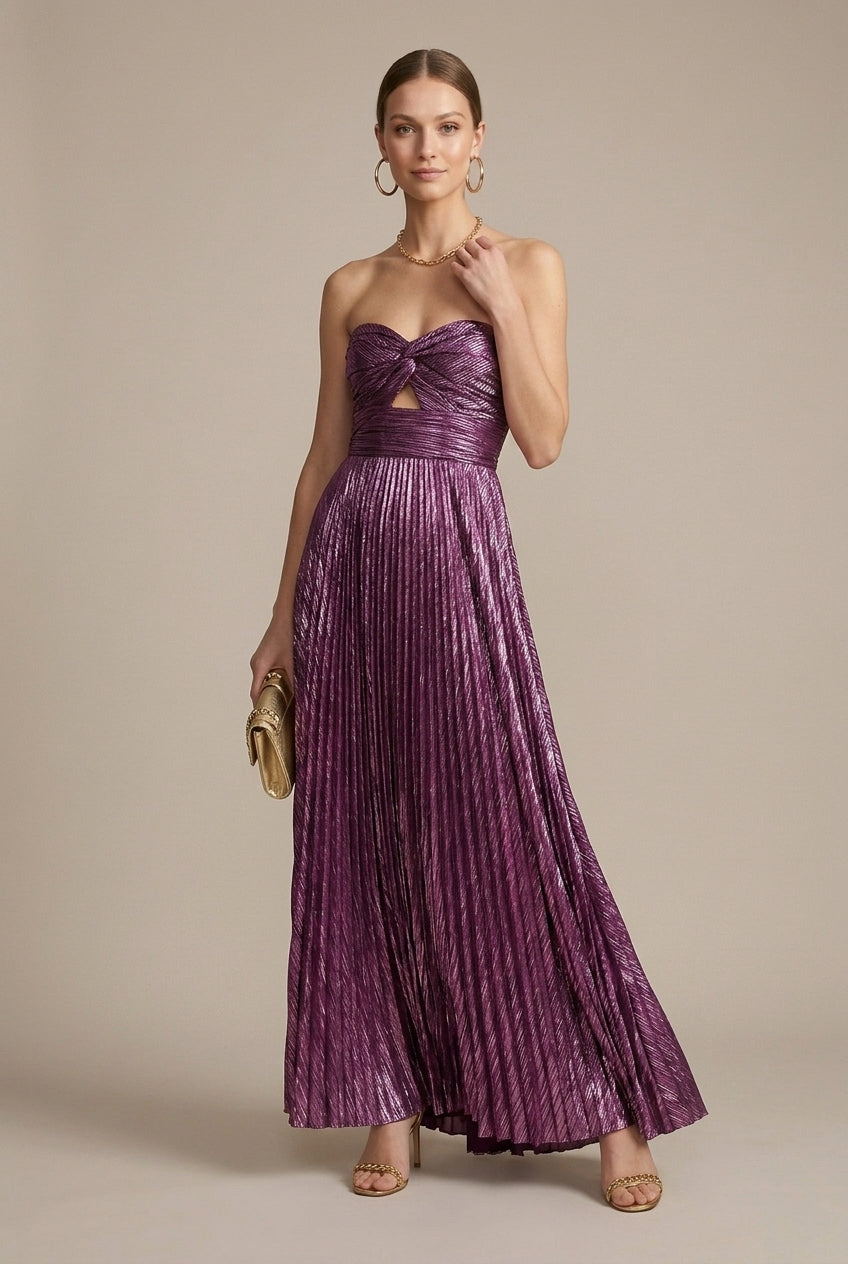 Women's Metallic Pleated Strapless Maxi Dress - Twist Detail