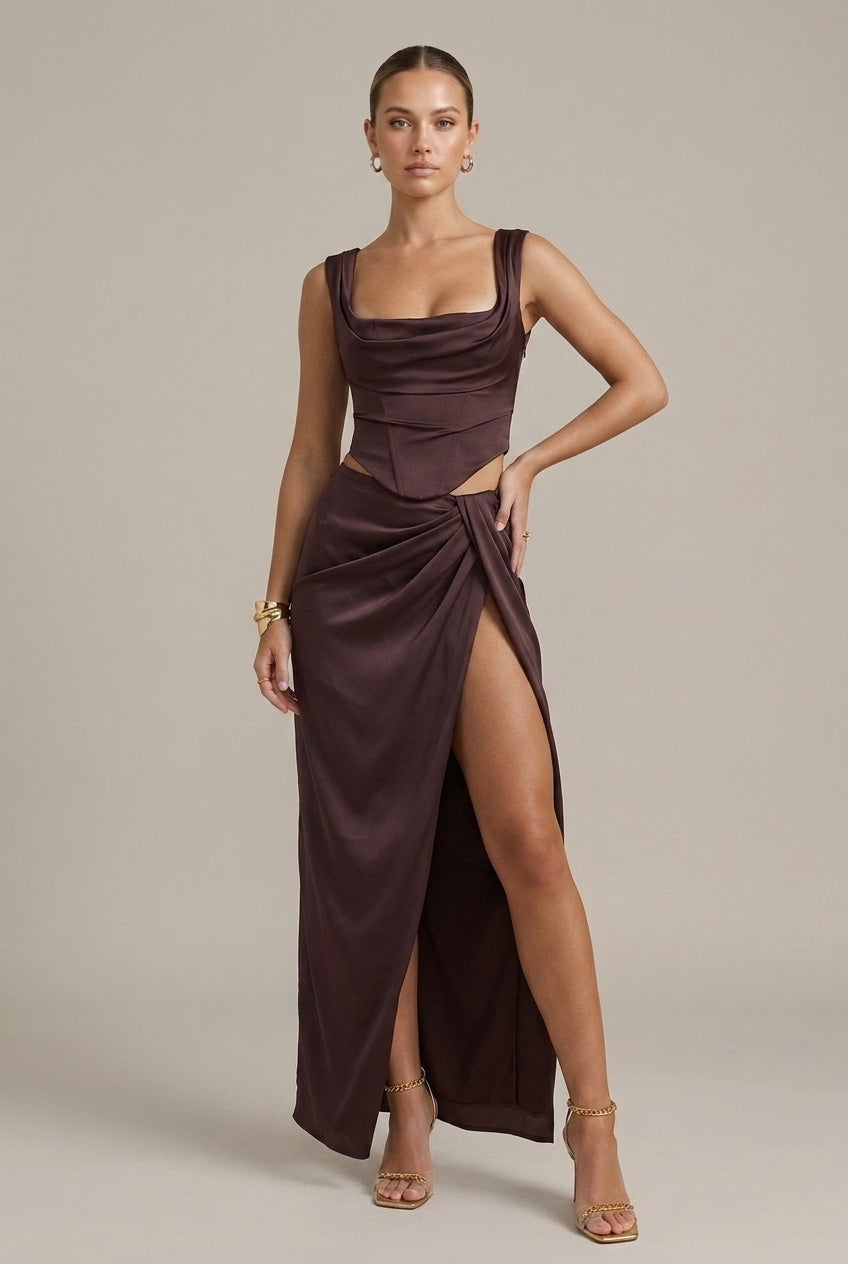Women's Corset Top Square Neckline Maxi Skirt Two Piece Set
