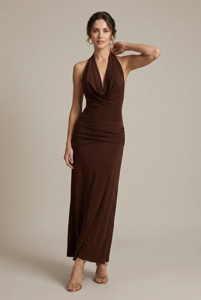 Women's Maxi Dress Halter Neck Ruched - Open Back