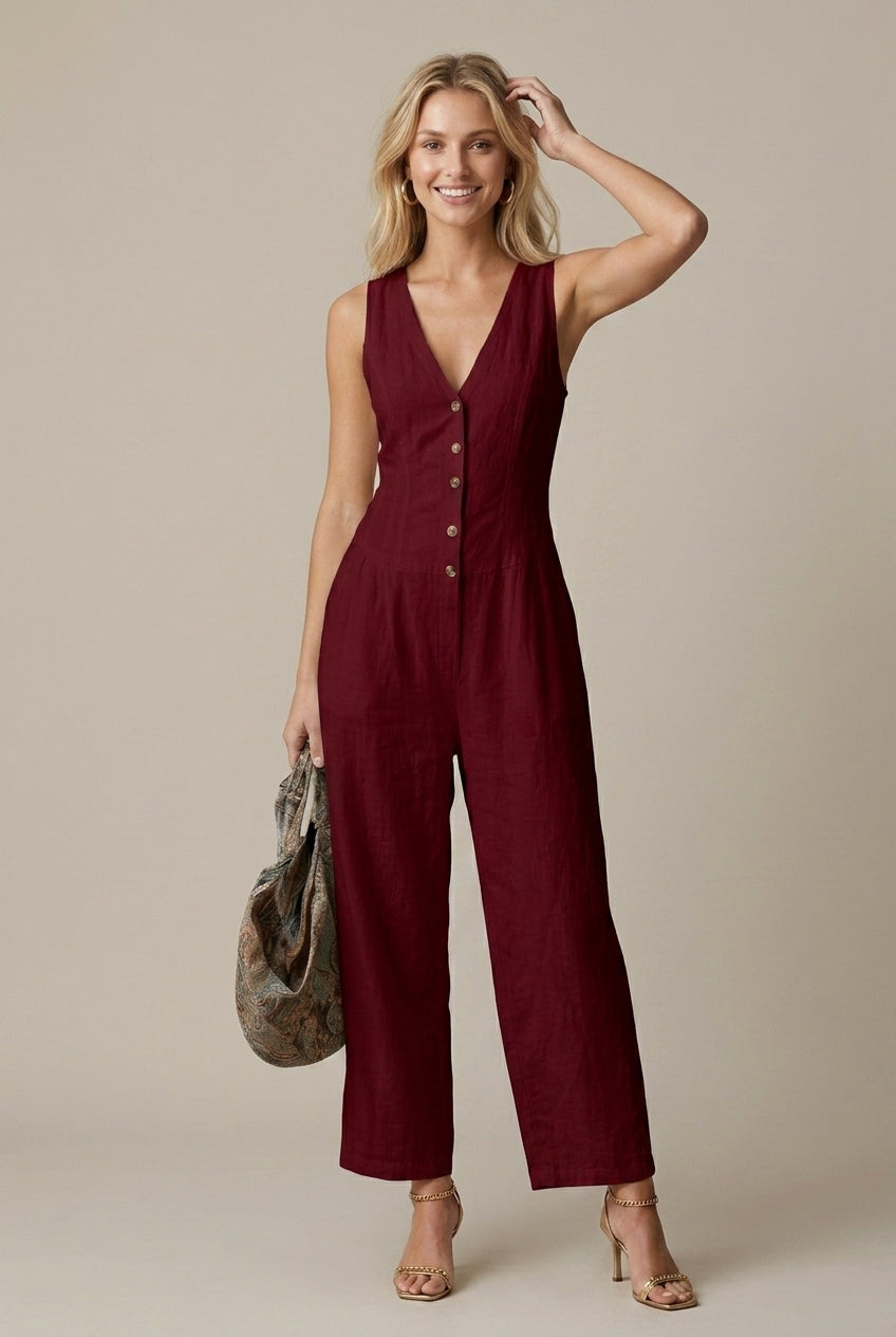 Women's Sleeveless V-Neck Button Front Wide Leg Jumpsuit