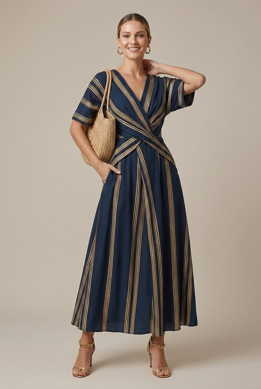 Women's Striped Maxi Dress Wrap Short Sleeve V-Neck
