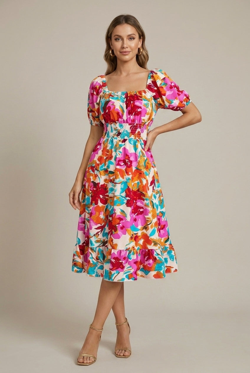 Women's Off Shoulder Floral Midi Dress - Puff Sleeve - Smocked Waist - Thigh Slit