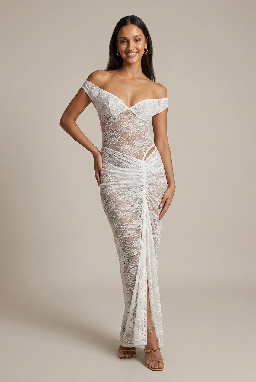 Women's Sheer Split Front Midi Dress - Short Sleeve