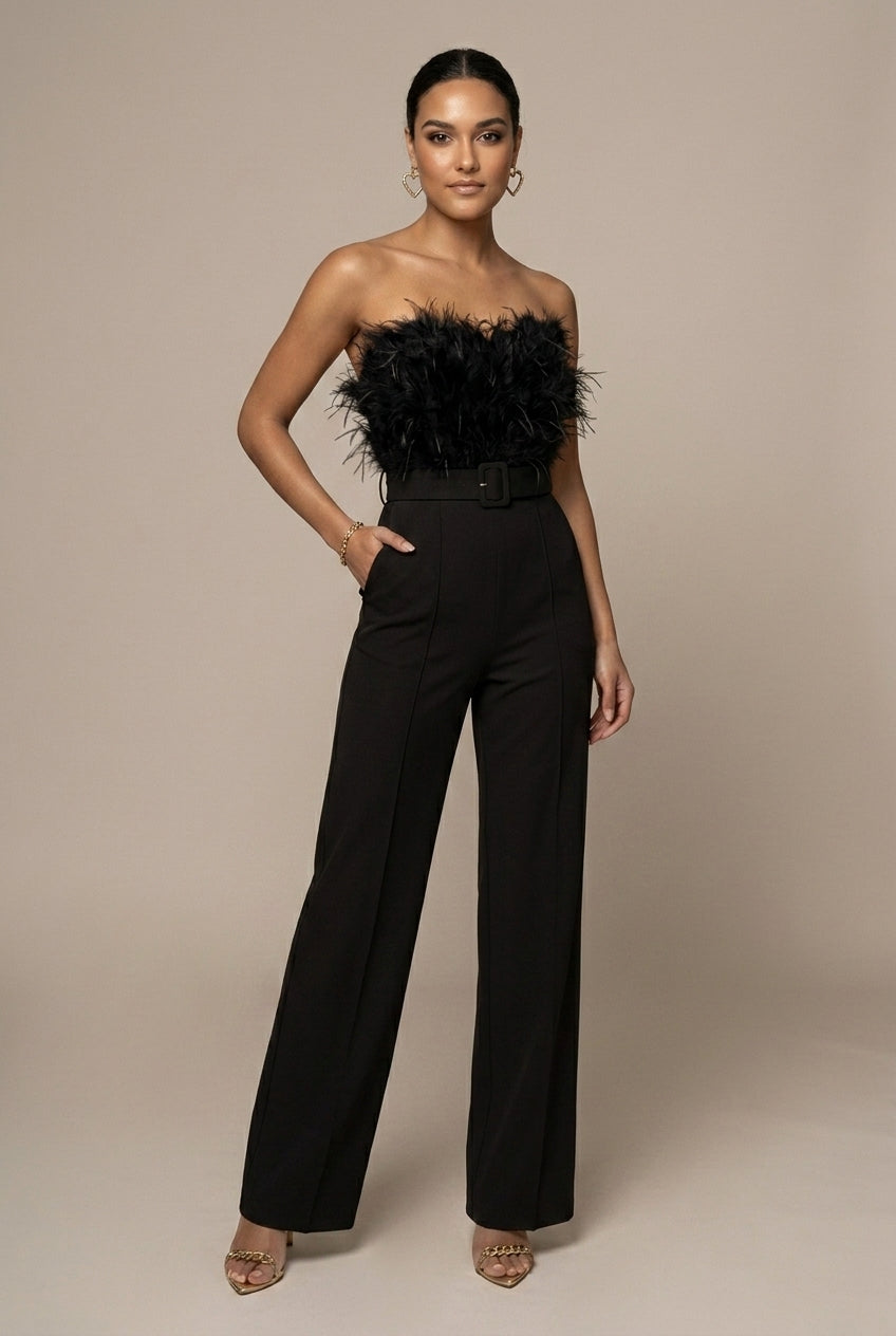 Women's Strapless Feather Detail Belted Wide Leg Jumpsuit