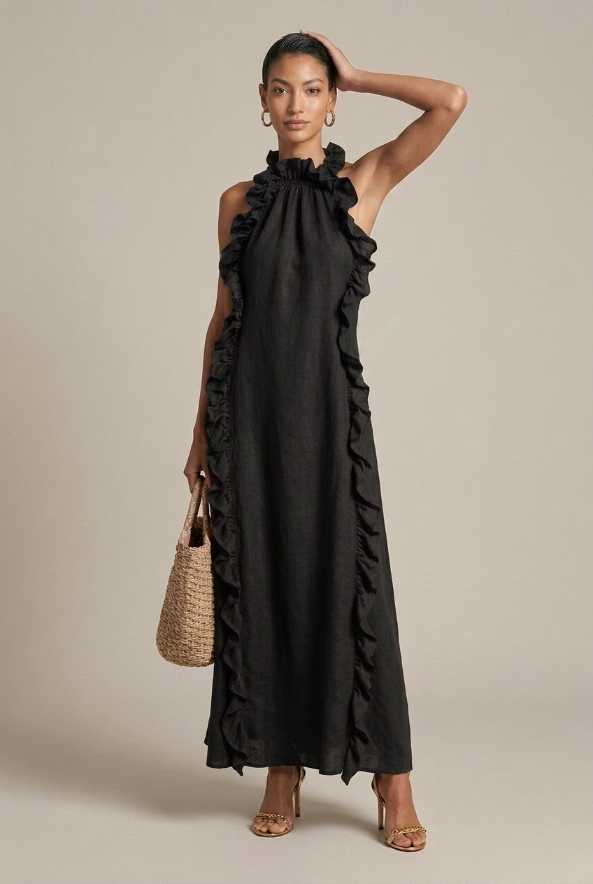 Women's Linen Blend Halter Neck Maxi Dress