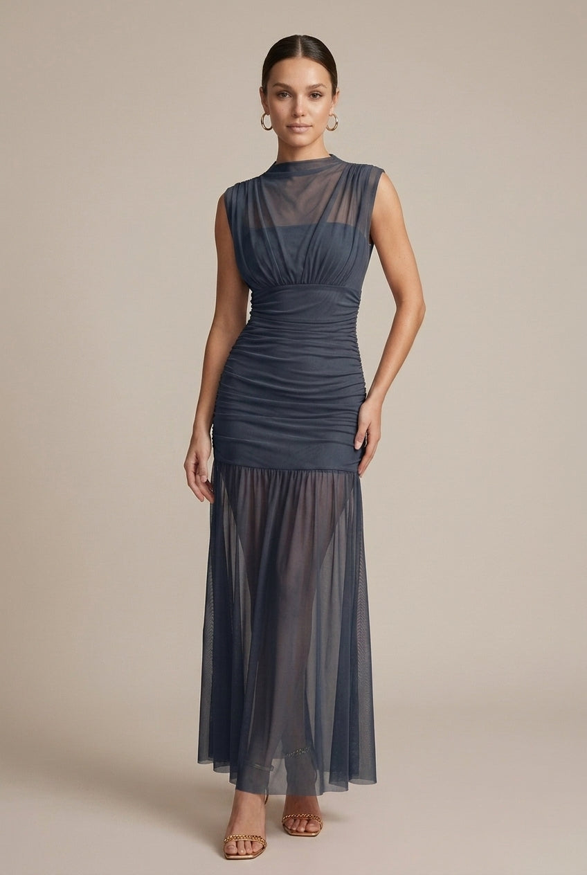Women's Sleeveless Ruched Drop Waist Maxi Dress - Crew Neck