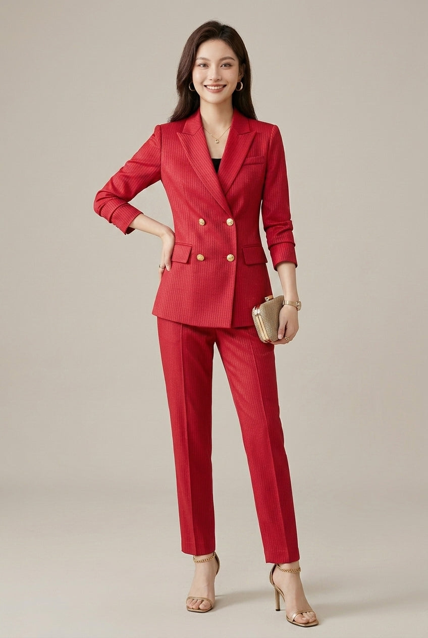 Women’s Double Breasted Textured Suit Set with Tailored Blazer and Slim Trousers Elegant Workwear Style