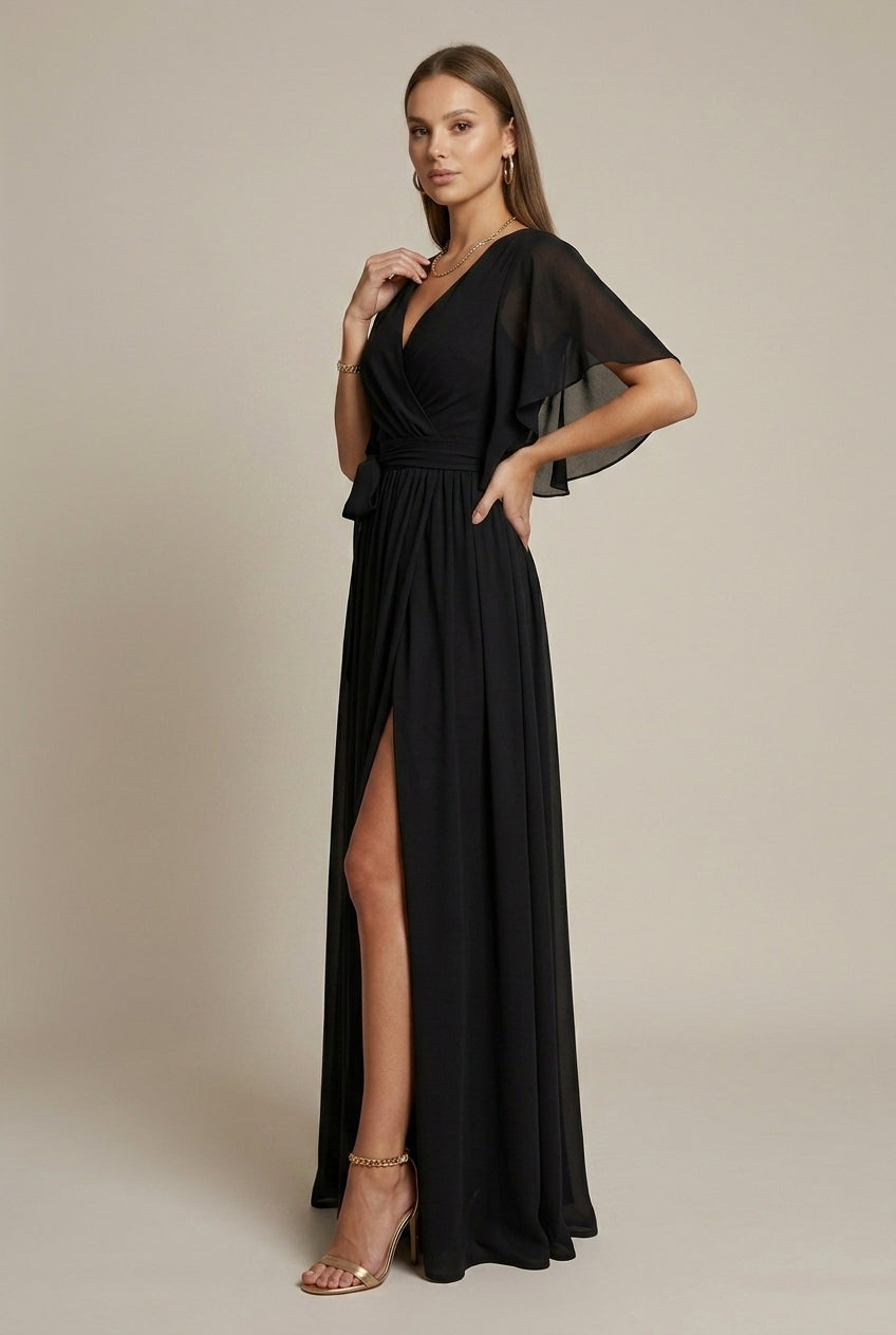 Women's Wrap Maxi Dress V-Neck Flutter Sleeve