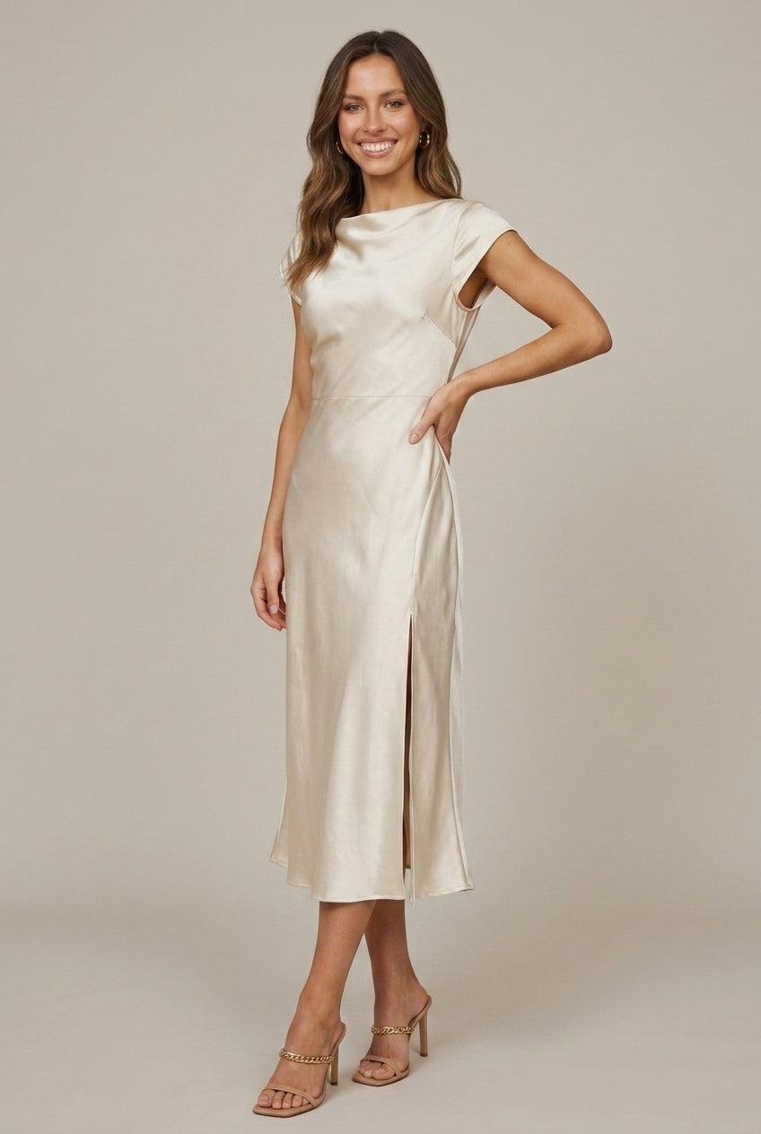 Women's Twist Back Midi Dress - Cap Sleeve - Boat Neckline - Side Slit