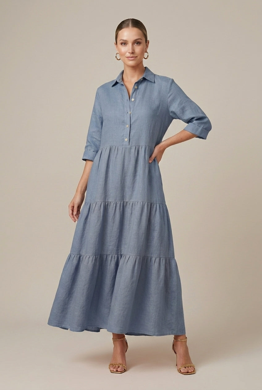 Women's Tiered Maxi Dress with Button-Up Collar and Half Sleeves