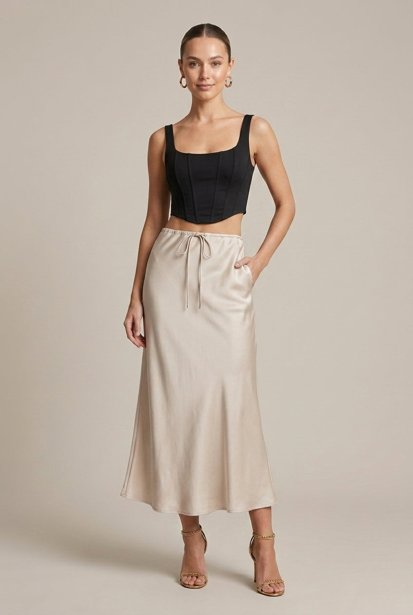 Women's Satin A-Line Maxi Skirt with Drawstring Waist
