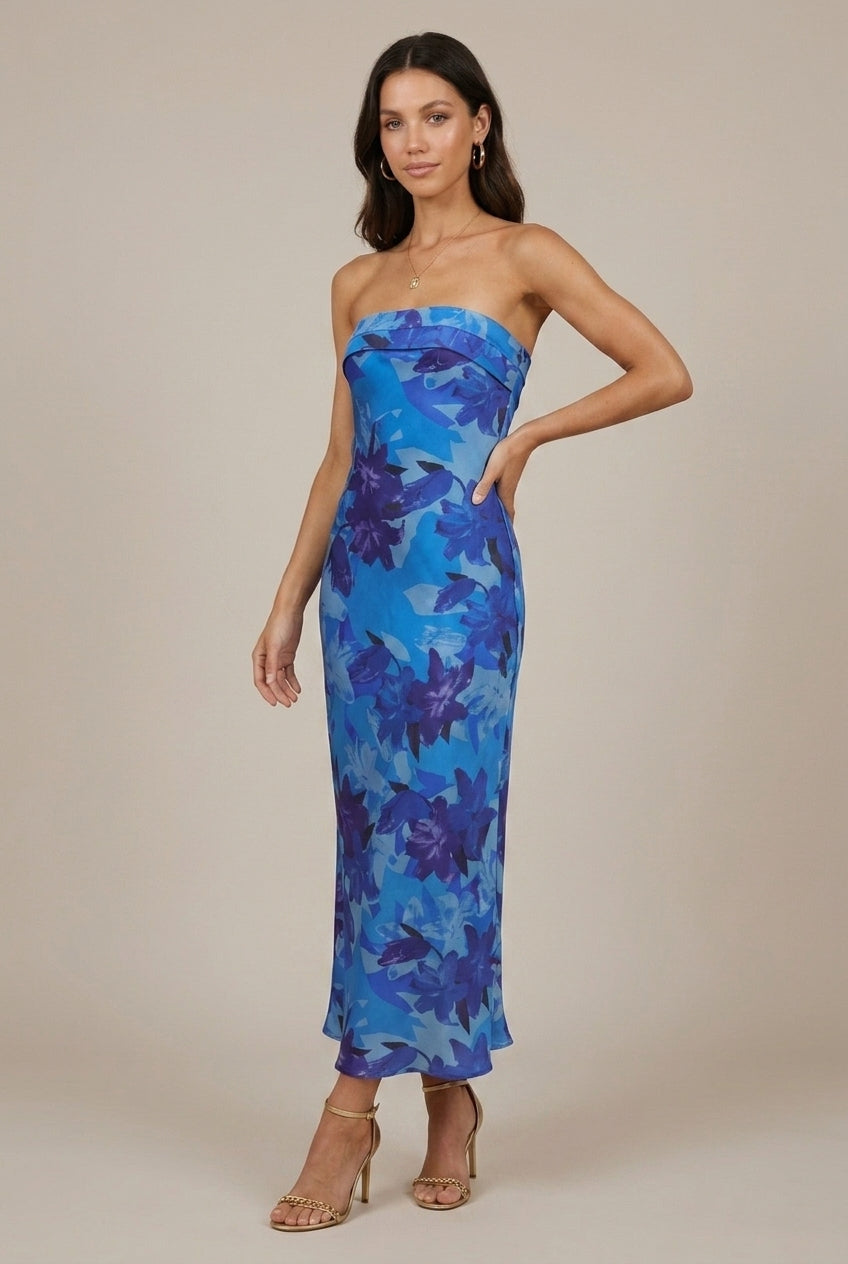 Women's Satin Strapless Maxi Dress Open Back
