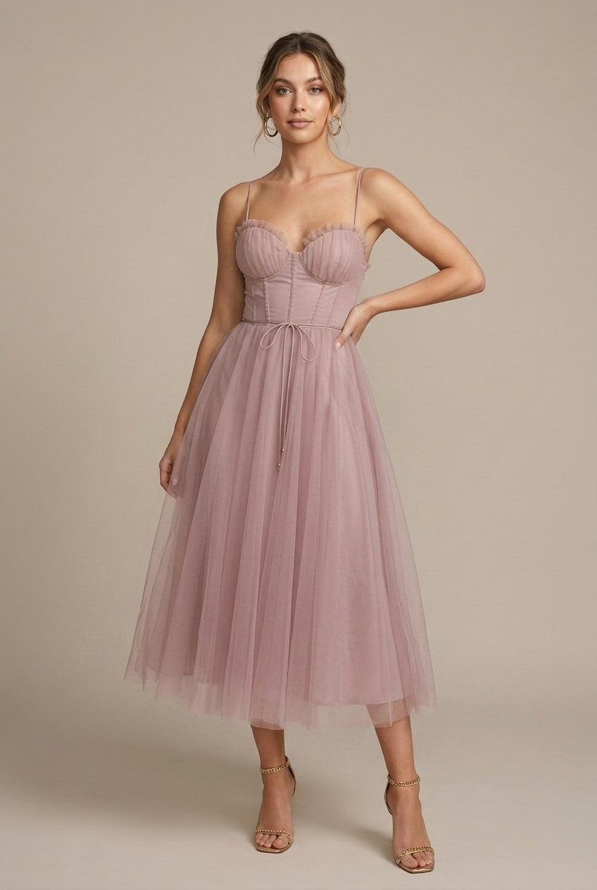 Women's Tulle Midi Dress Corset Bodice Sweetheart Neck