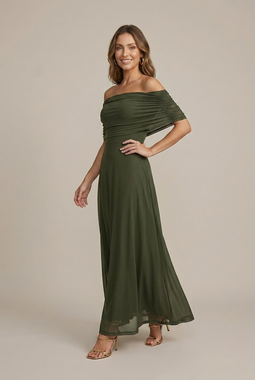 Women's Off Shoulder Ruched Mesh Maxi Dress