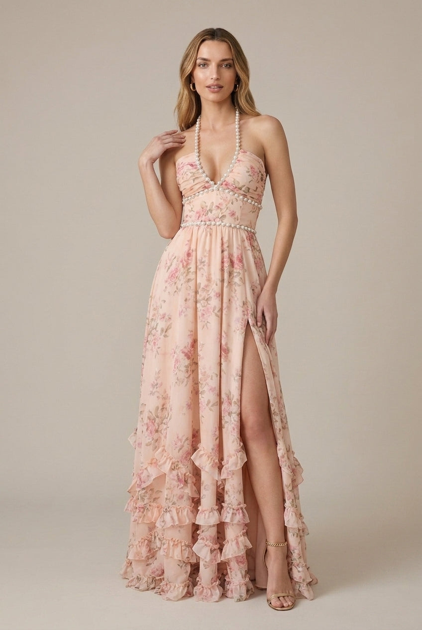 Women's Floral Halter Maxi Dress - V-Neck - Front Slit