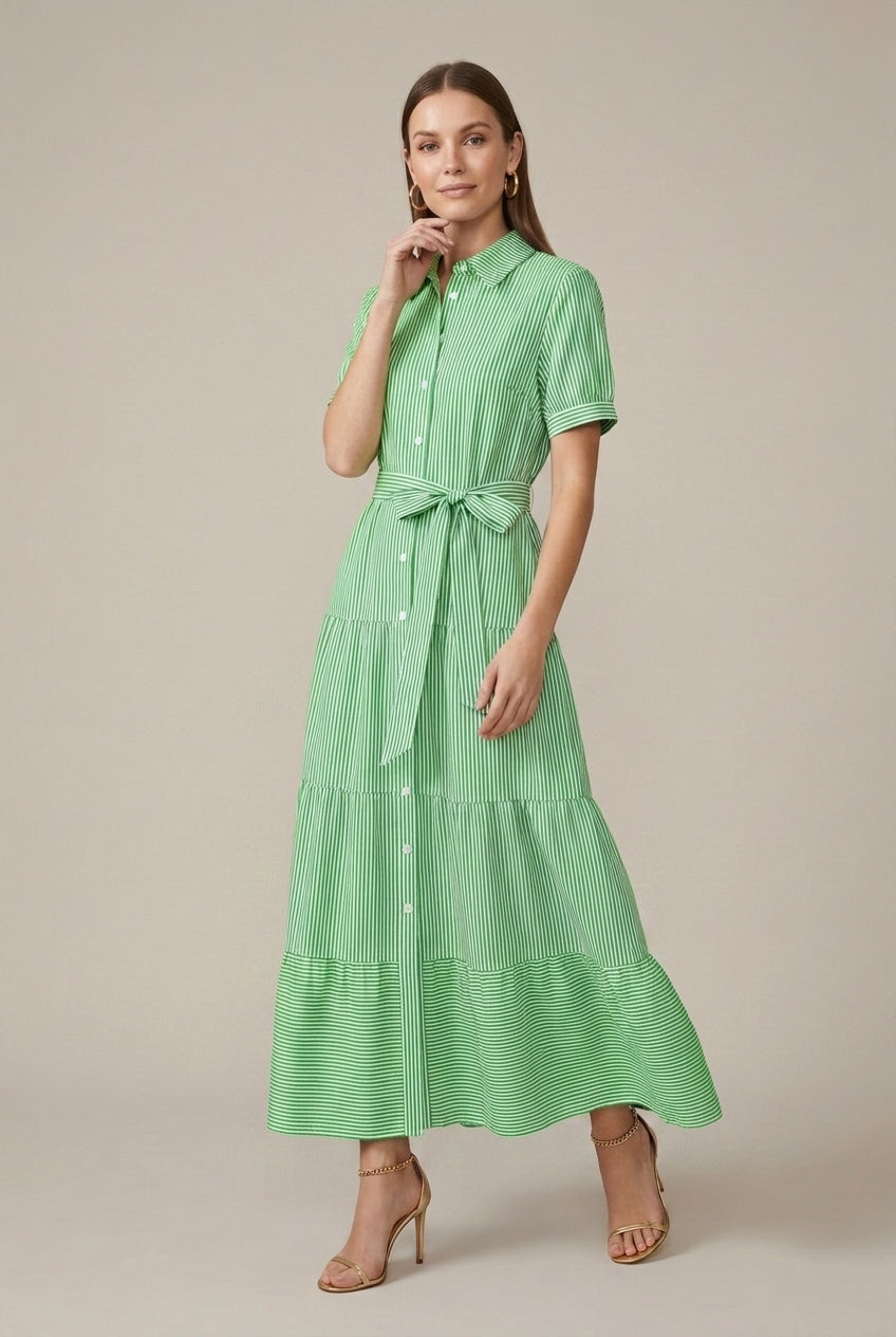 Women's Striped Maxi Dress Tiered Button-Down