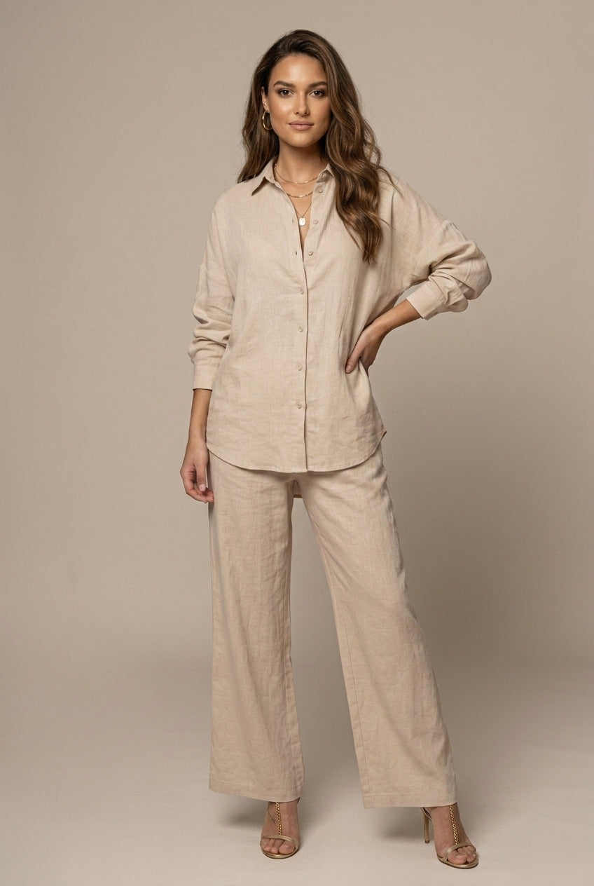 Women's Two-Piece Set Button-Front Shirt Wide Leg Pants