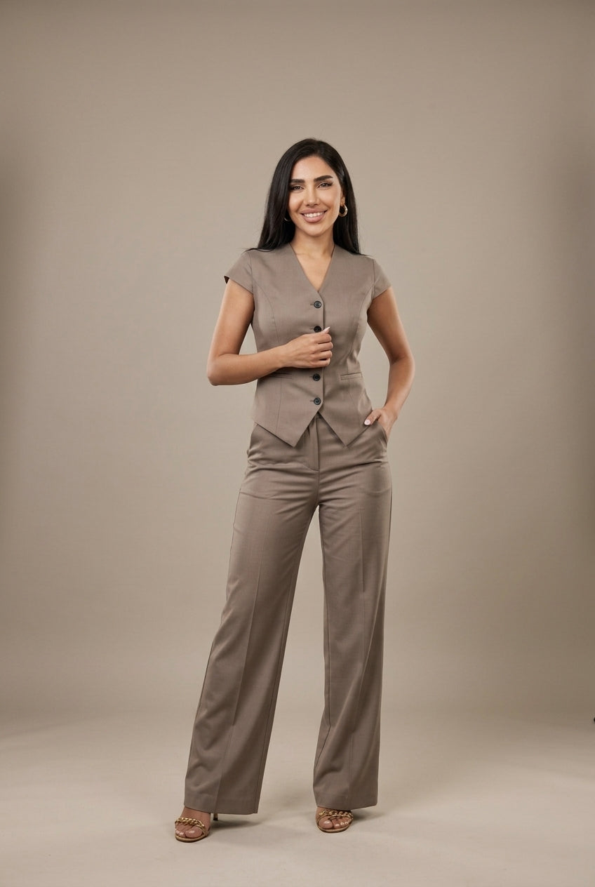 Women's Button-Front Short Sleeve Blazer Wide Leg Pant Set