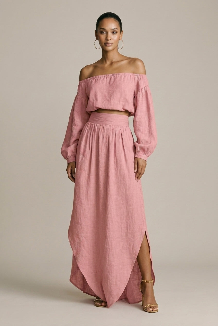 Women's Off Shoulder Top - Irregular Overskirt Two Piece Set