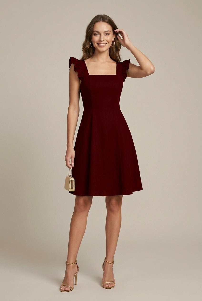 Women's Square Neck Mini Dress - Ruffle Sleeves - Tie Back