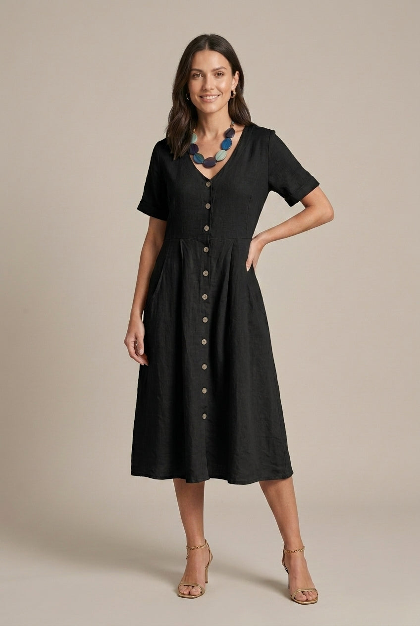 Women's V-Neck Short Sleeve Midi Dress with Button Front