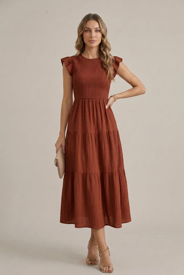 Women's Midi Dress Tiered Smocked Bodice Ruffle Cap Sleeve