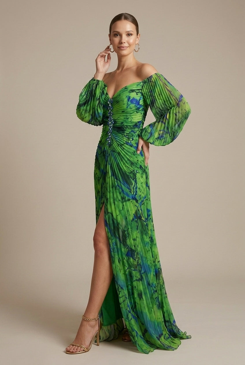Women's Tie-Dye V-Neck Puff Sleeve Lace-Up Front Maxi Dress