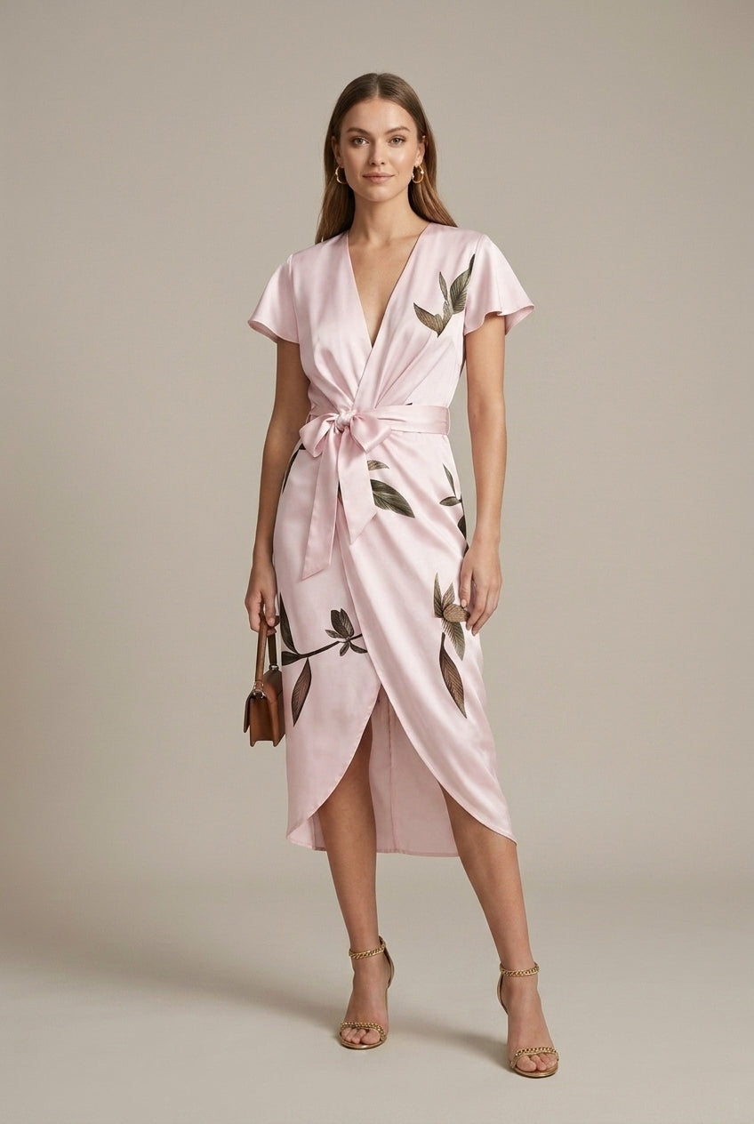 Women's Botanical Wrap Midi Dress V-Neck Tie Waist