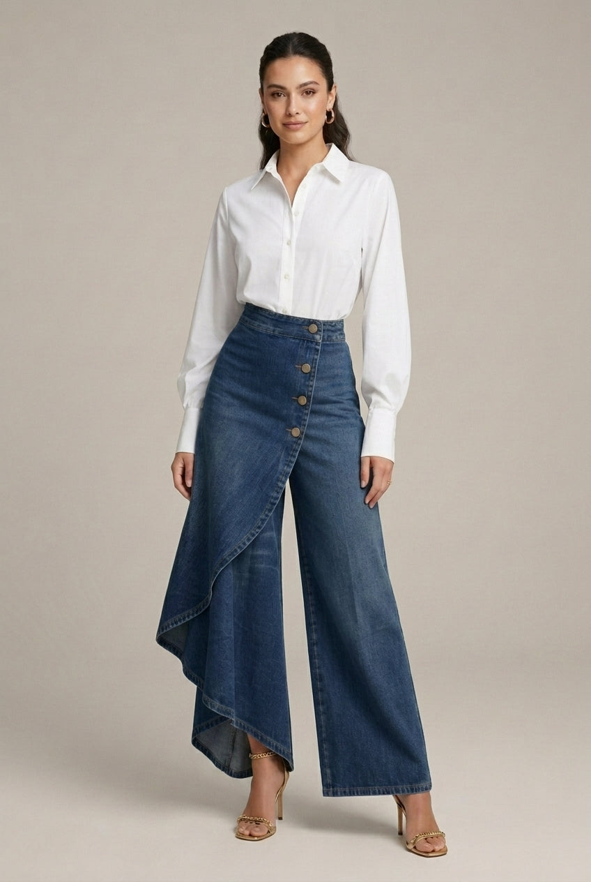 Women's High-Waist Wide Leg Denim Pants with Asymmetric Skirt Overlay