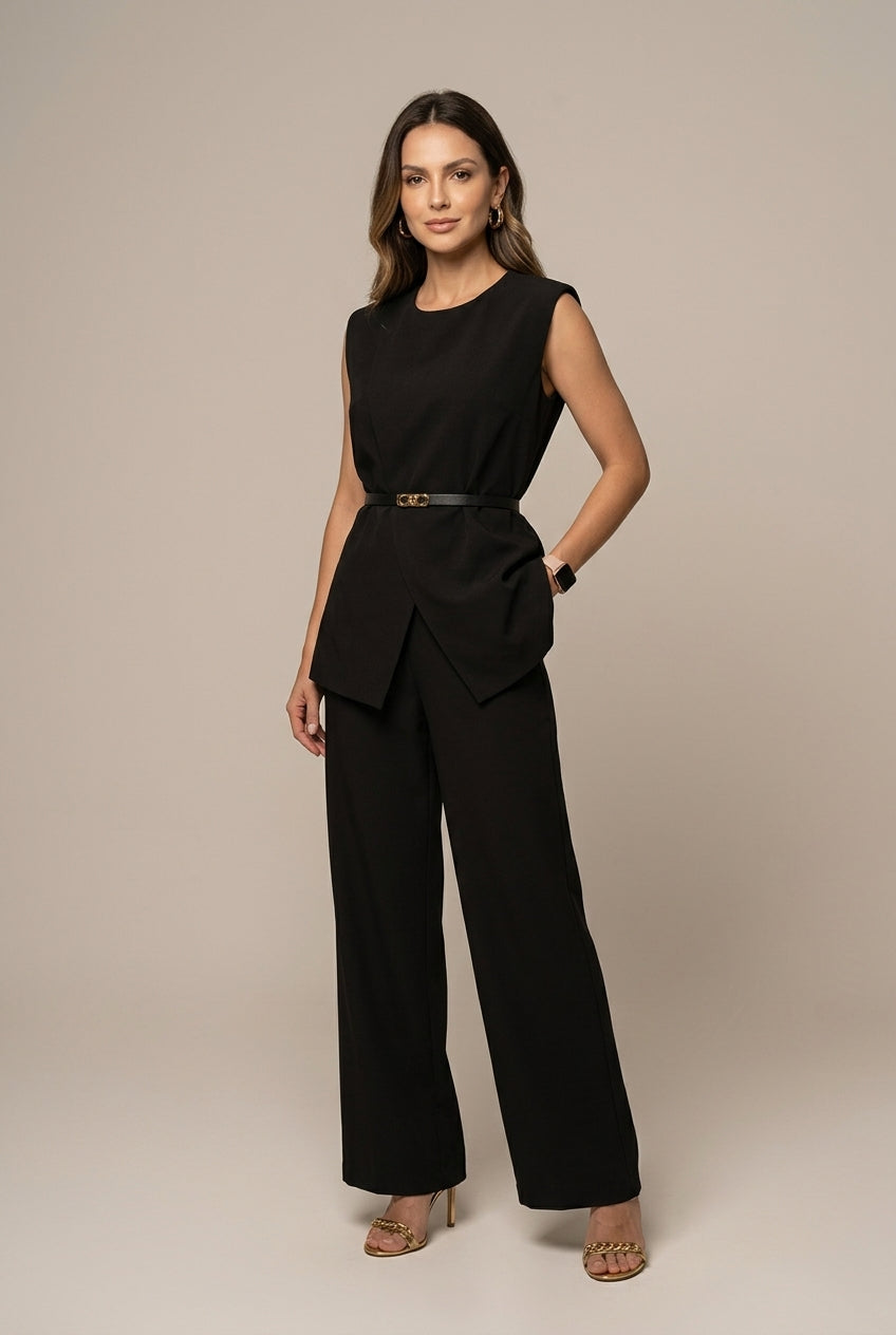 Women's Sleeveless Round Neck Top - Wide Leg Pants Two Piece Set