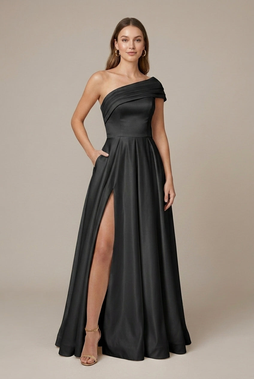 Women's Satin Maxi Dress - Assymetrical Ruched Neckline - Pleated A-Line Skirt - Thigh Slit