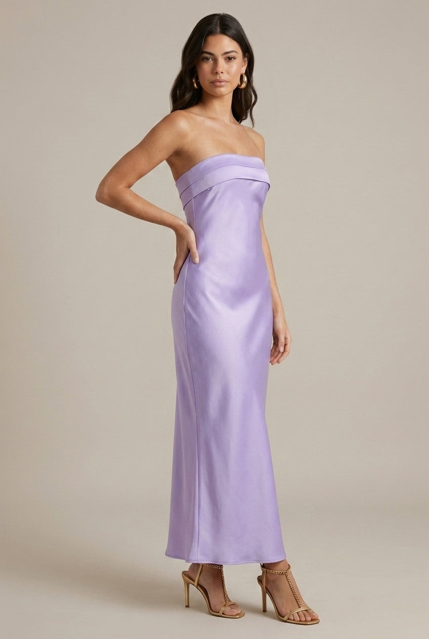 Women's Off Shoulder Satin Maxi Dress with Foldover Neckline
