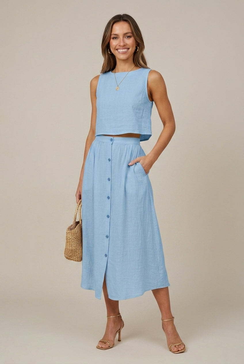 Women's Linen Two-Piece Skirt Set Sleeveless Crop Top